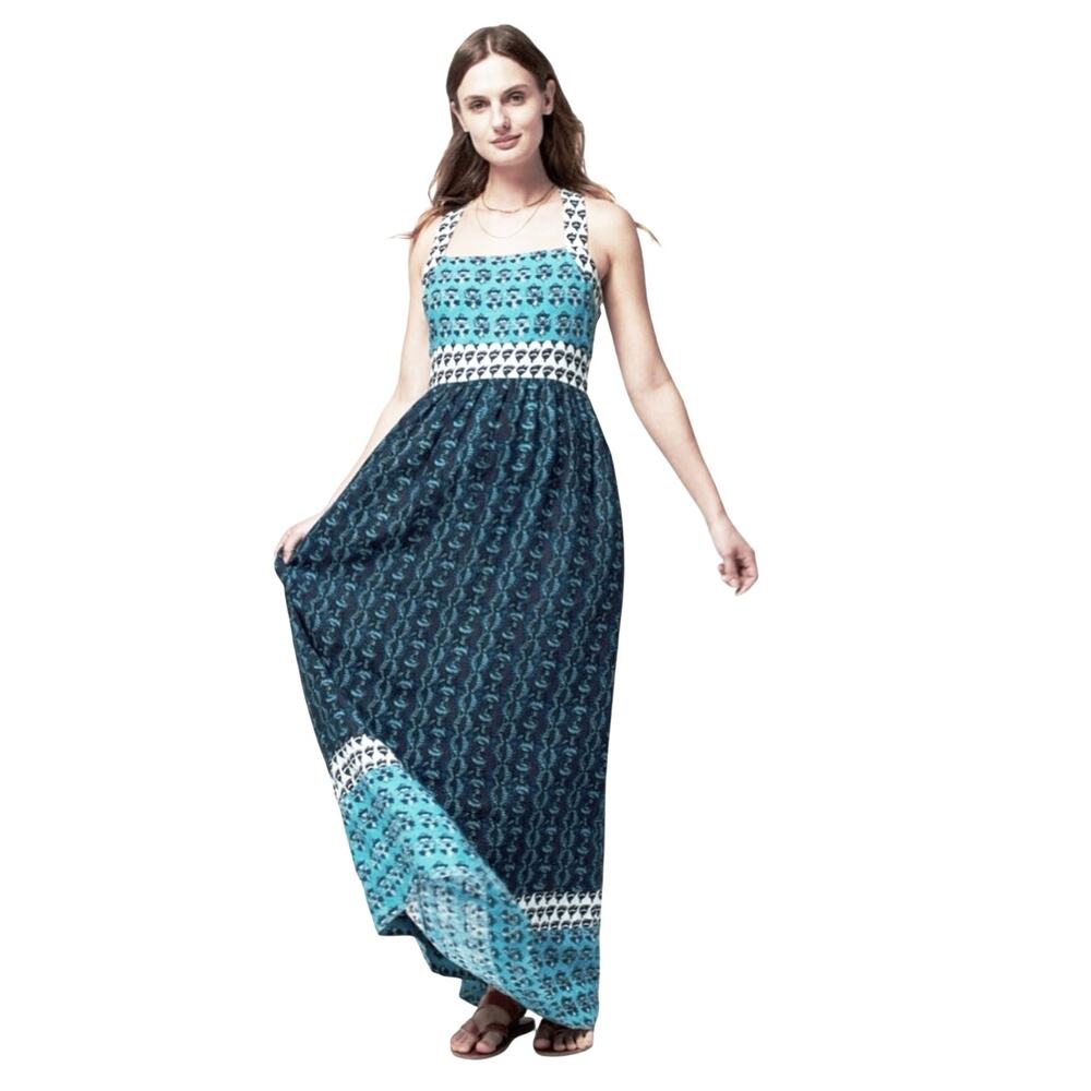 FAHERTY Women’s Boho Gracie Blue Print Linen Button Strap Maxi Dress